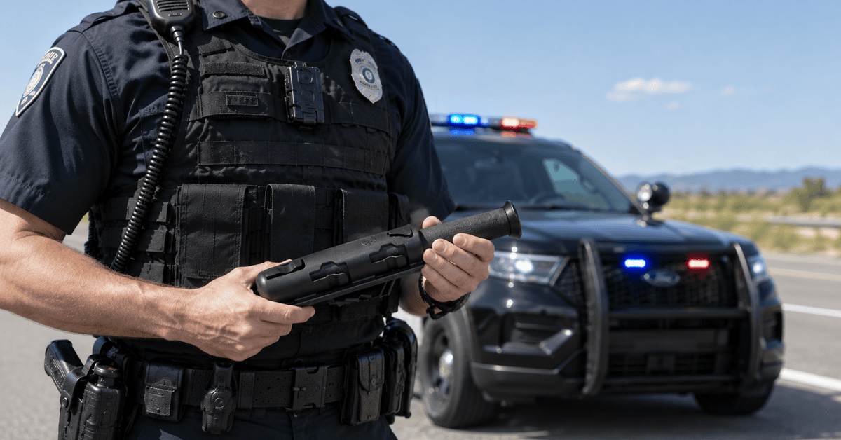 Police officer holding tire deflation device